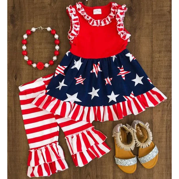Hot Kids Clothes Girls boutique clothing summer 4th of July Wear Stars and Stripes Ruffle Swing Top Bloomer shorts Set