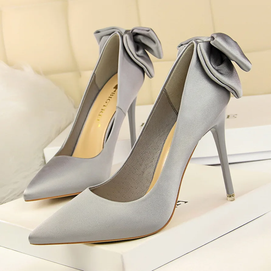 Korean fashion beautiful women dress stiletto slim thin satin back bow high heel shoes
