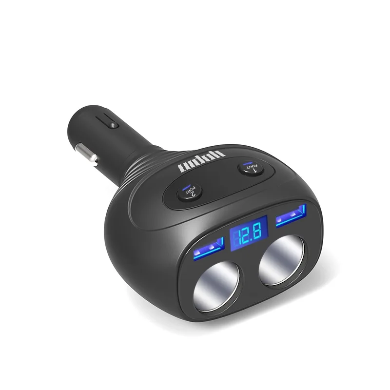 best selling product led voltmeter 4 in 1 car charger with twin socket extender, dual usb car charger with dual 12v sockets