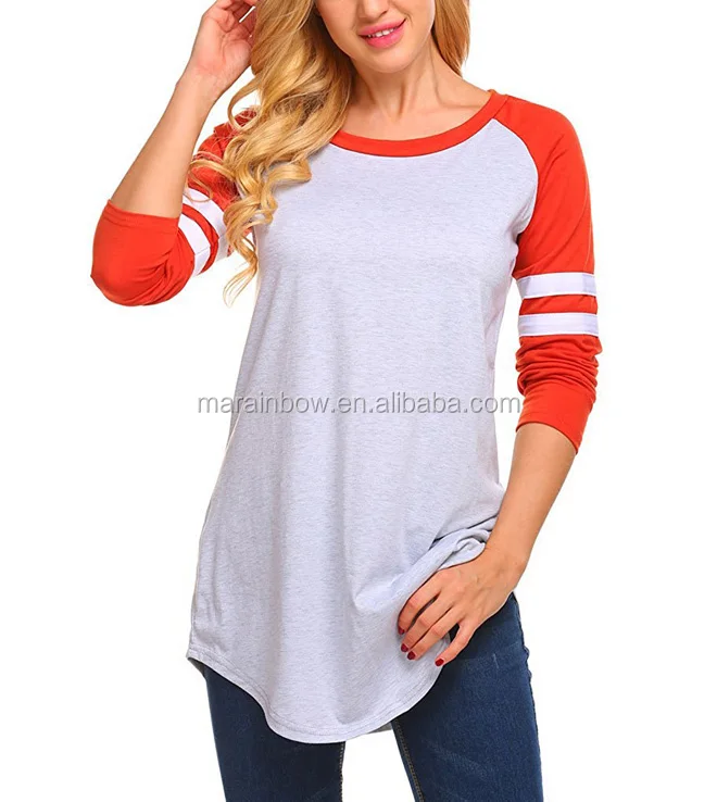 Womens wholesale custom cheap Raglan Long Sleeve O Neck Jersey Tunic Loose Baseball T Shirt