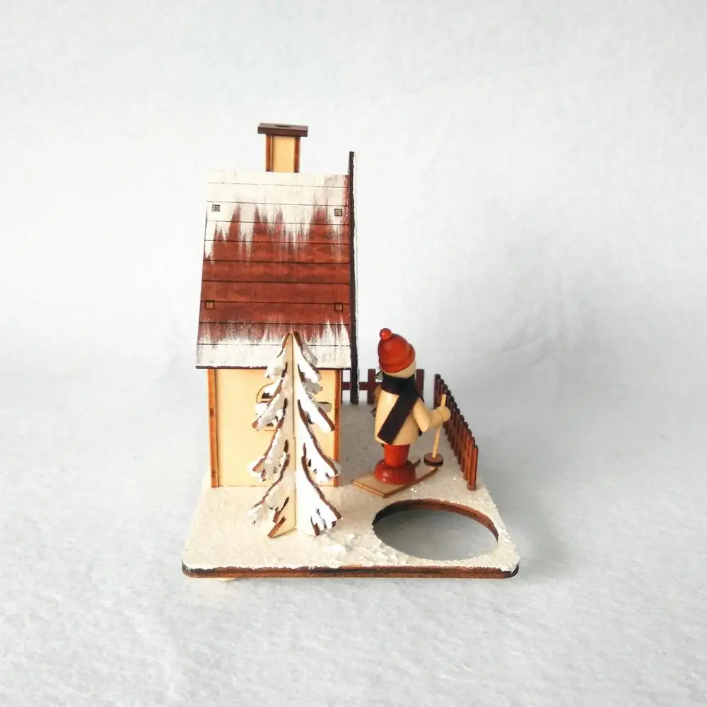 Natural wooden led light Christmas smoker house decoration with tealight holder