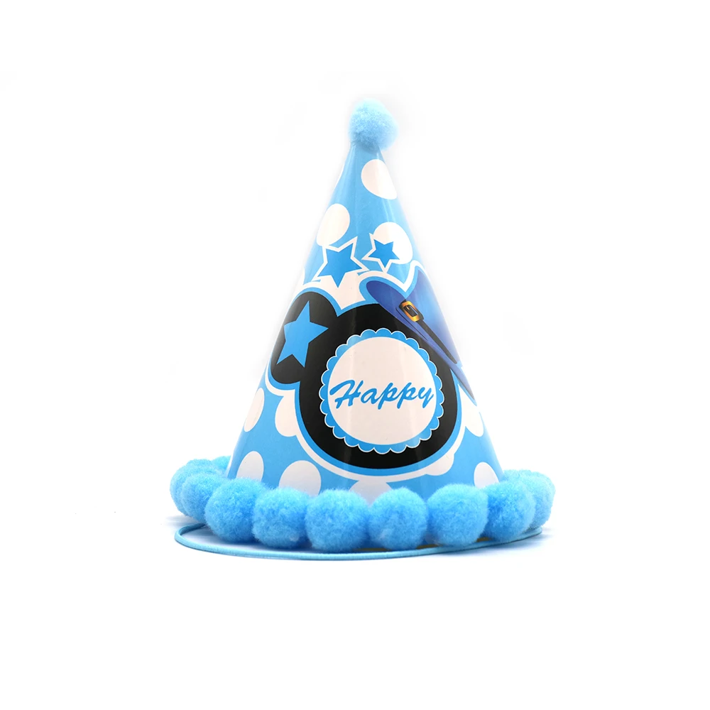 Factory Price Beautiful Children Size Birthday Party Supplier Paper Hat Color birthday hats Polka dot pompom birthday hats