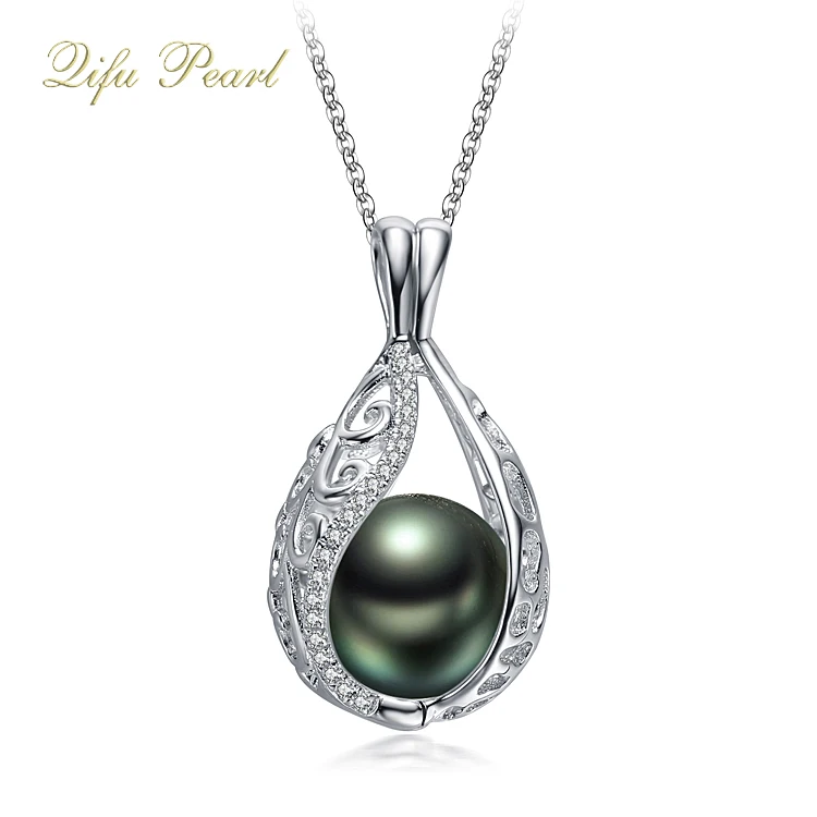925 sterling silver cage pendant with 10.5-11mm AA Tahitian black cultured pearls