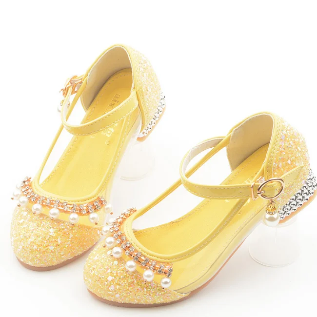 KS0800 Nice transparent design kids party shoes square heel girls diamond shoes