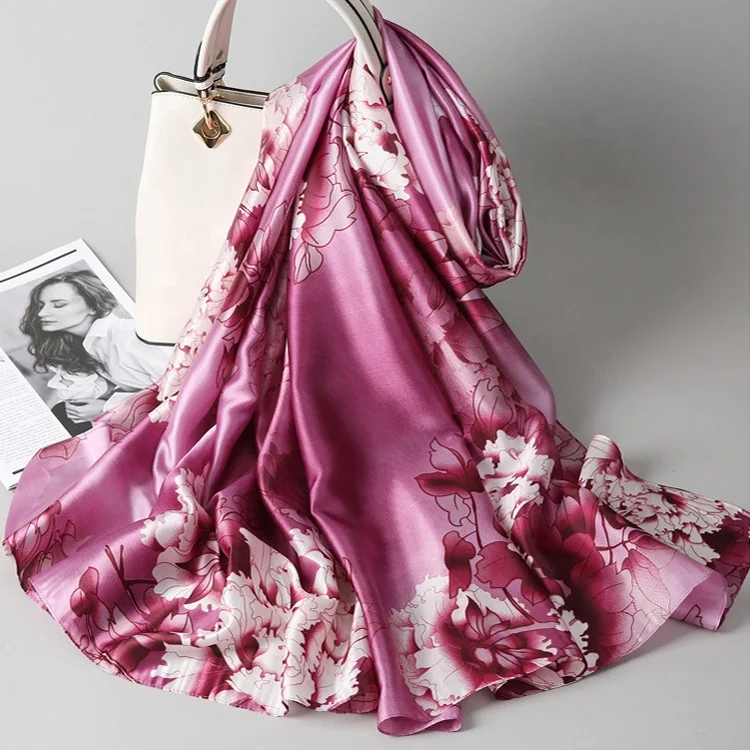 Peony prints painting style women Elegant silk scarves new material silk satin scarf summer silk shawls