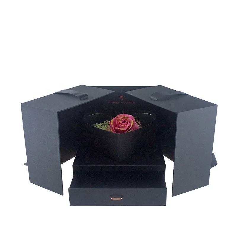 
FSC Special Design Custom Print Hot Stamping Logo Flower Packaging Ribbon Closure Black Gift Box with Paper Handbag 
