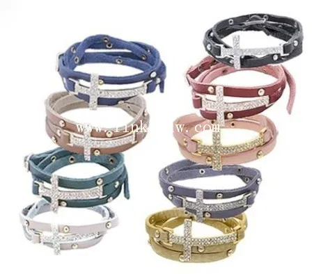 Genuine Leather multilayer bracelet with Crystal 10mm beads magnetic clasp factory price
