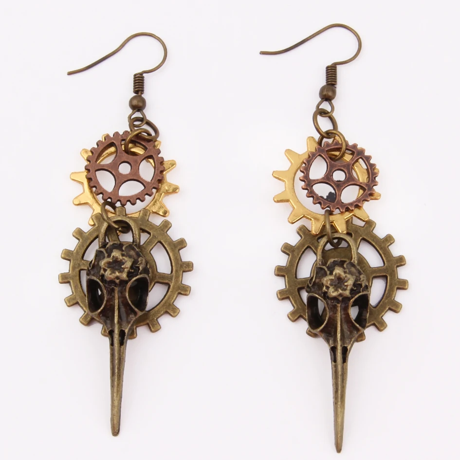 Creation Steampunk Gears Bronze Raven Bird Skull Metal Charms Earring Sets For Women