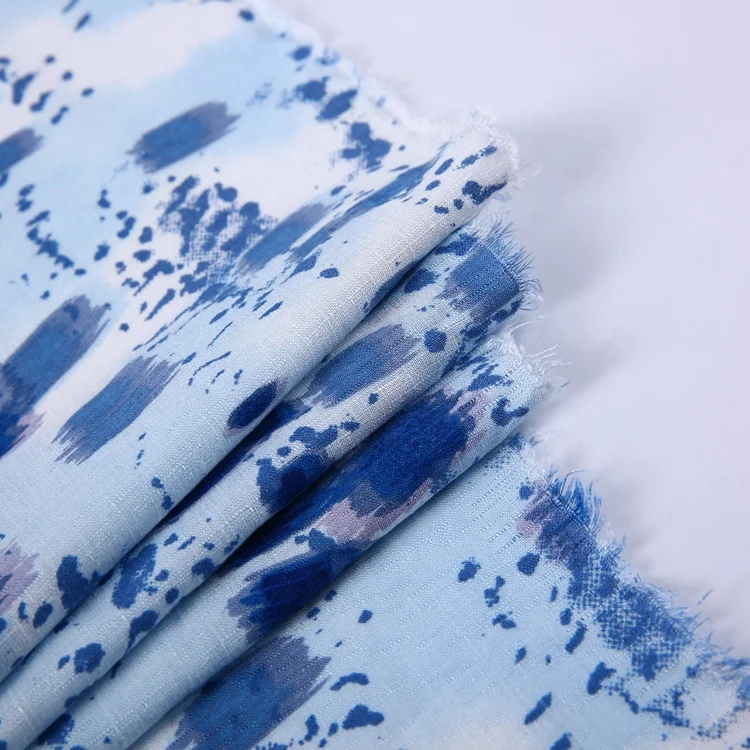 Textile factory blue elegant wave point custom printed 100%rayon slub fabric