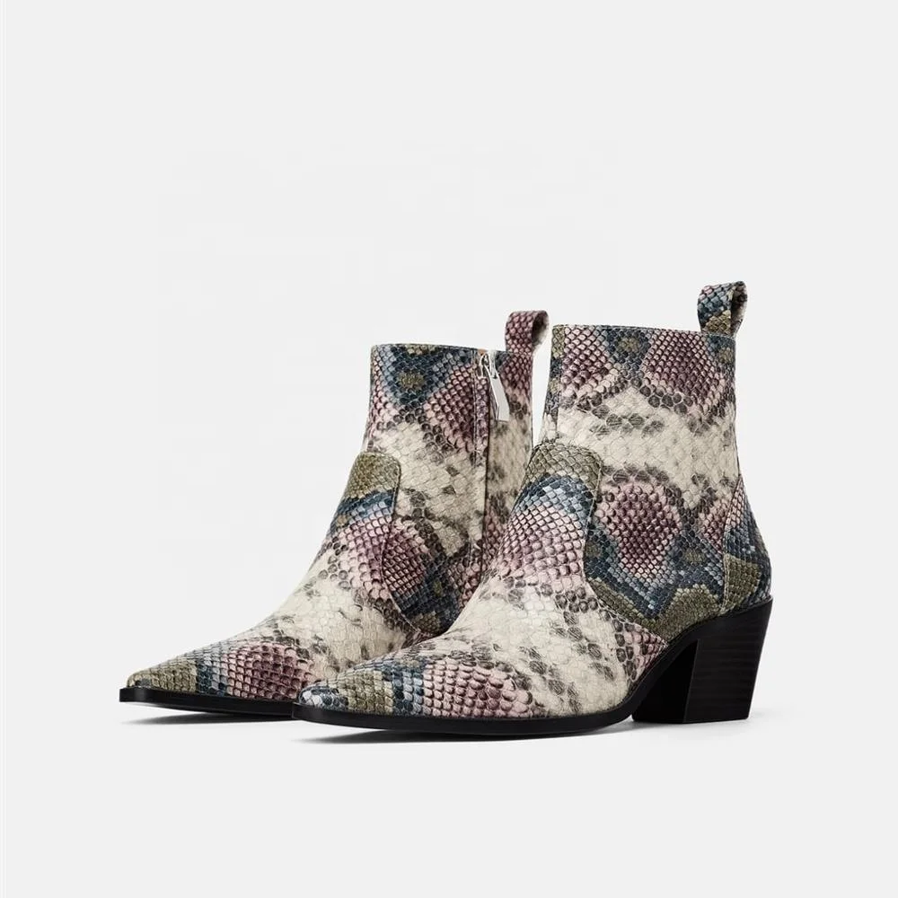 
MANRINO-0277 Girls 2019 Snake Skin Print Mixed Multi Color Cow Leather Material Women Low Heel Pointy Toe Ankle Boots For Lady 