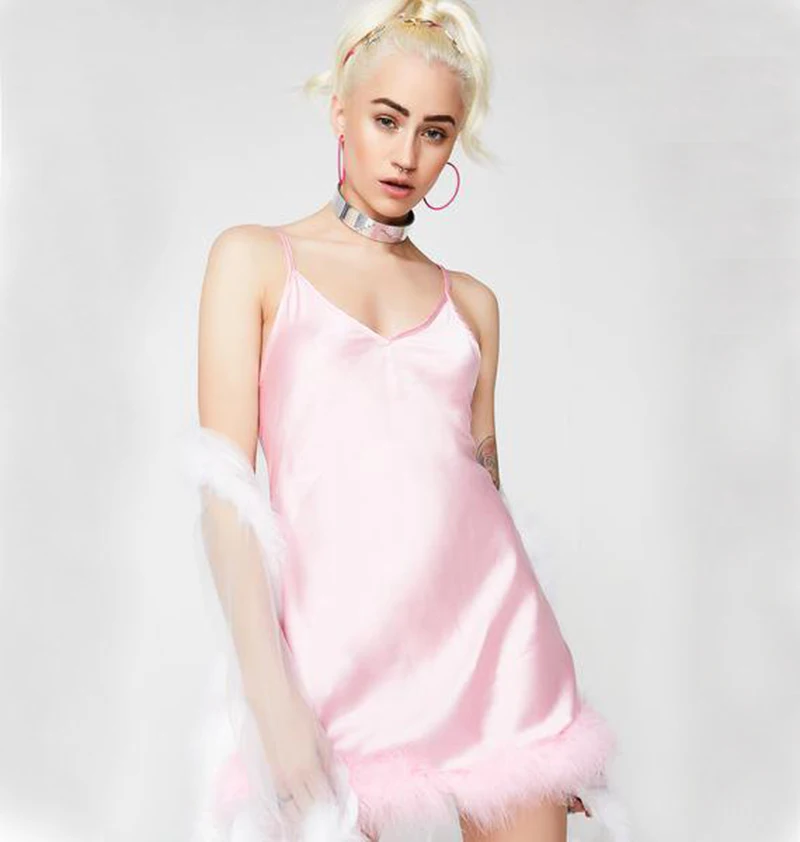 Pretty girls feather trim inner dress wear for night sleepwear lingerie dress