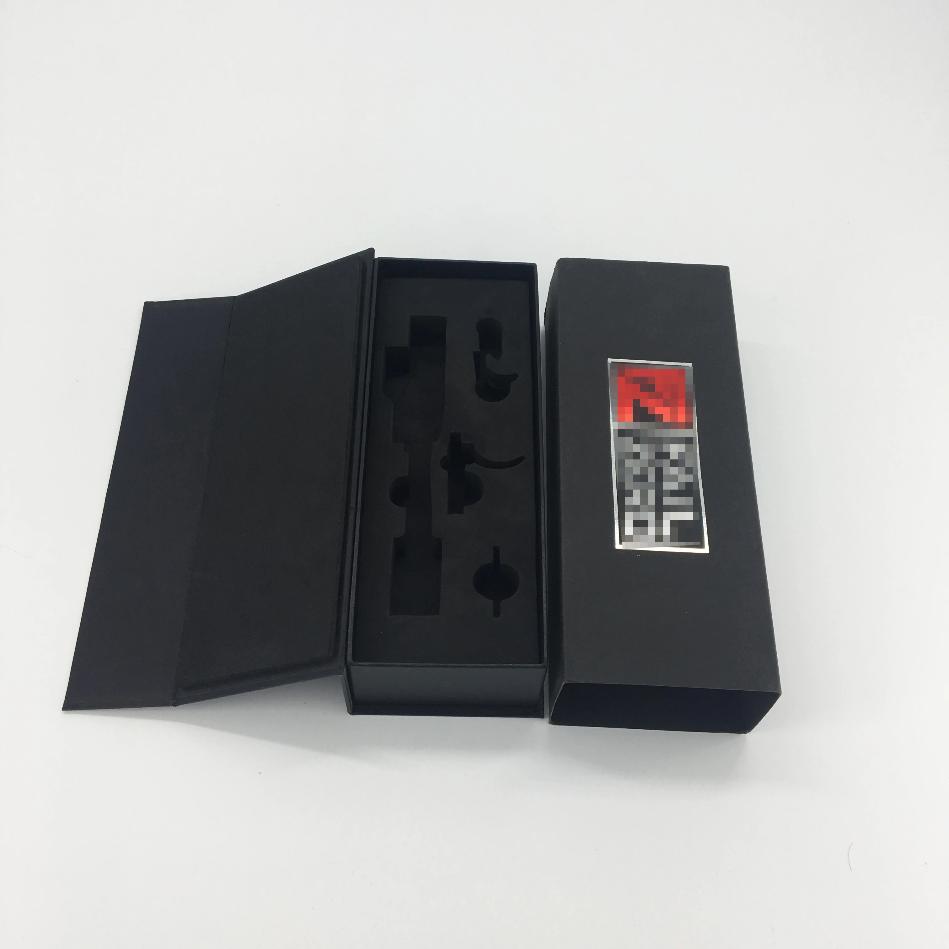box and sleeve with red hot foil brand, black matte box with EVA insert equipment holder packaging