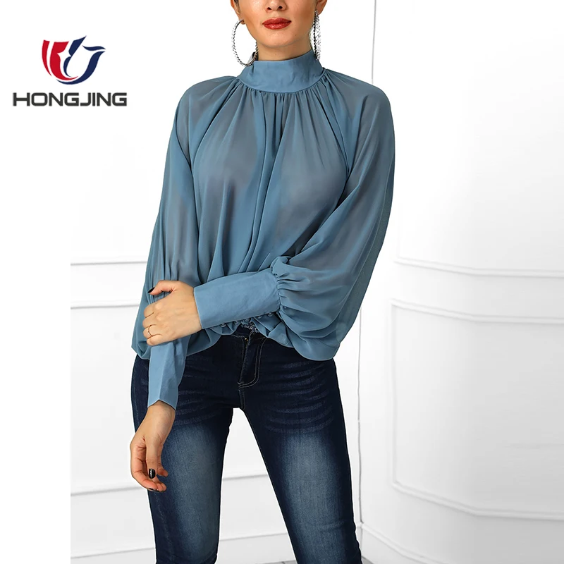 ladyHigh Neckline Lantern Sleeve Wide Cuff Ruched Blouse  back  buttonclosure long sleeve straight hem holiday evening