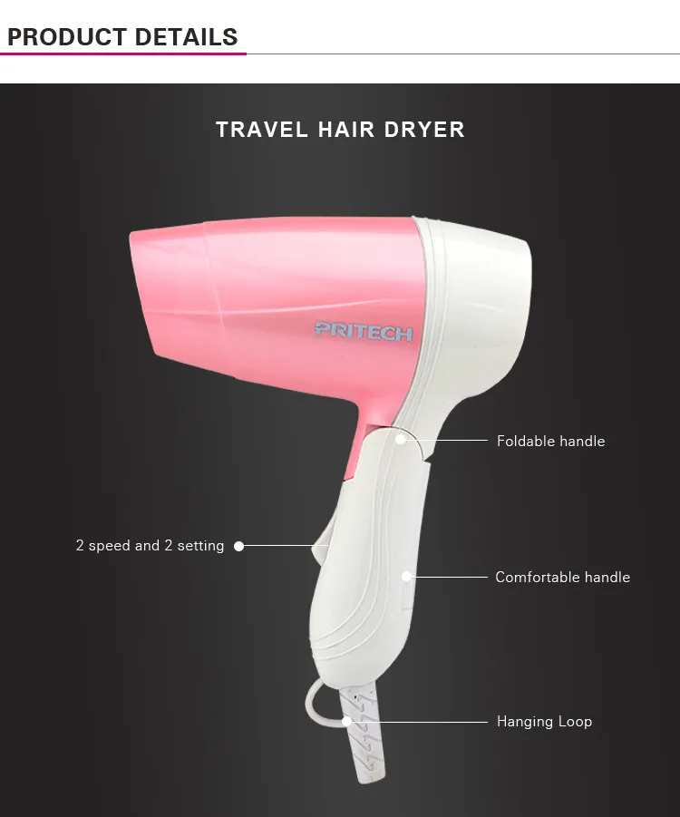 PRITECH 1200W Custom Portable Travel Use Foldable Dual Voltage Hair Dryer