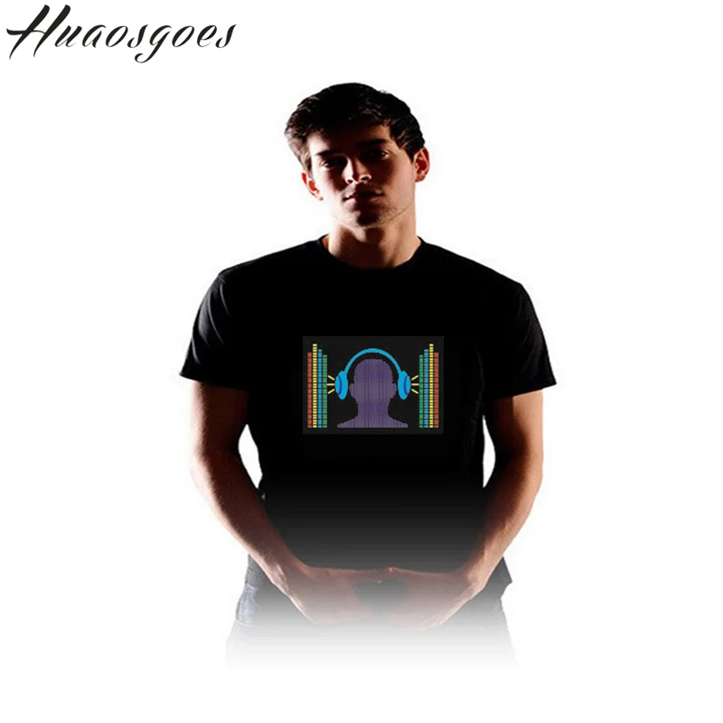 Hot Sale Sound Activated Led Cotton T Shirt Light Up and Down Flashing Equalizer EL T-Shirt Men for Rock Disco Party DJ Top Tee