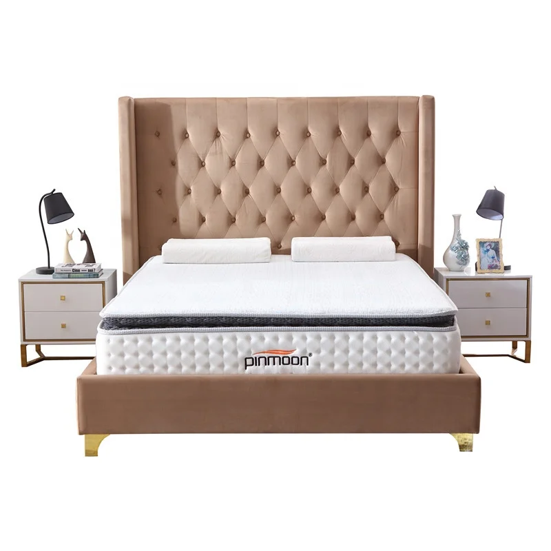 Foshan furniture velvet face tufted headboard king size hotel bedroom bed