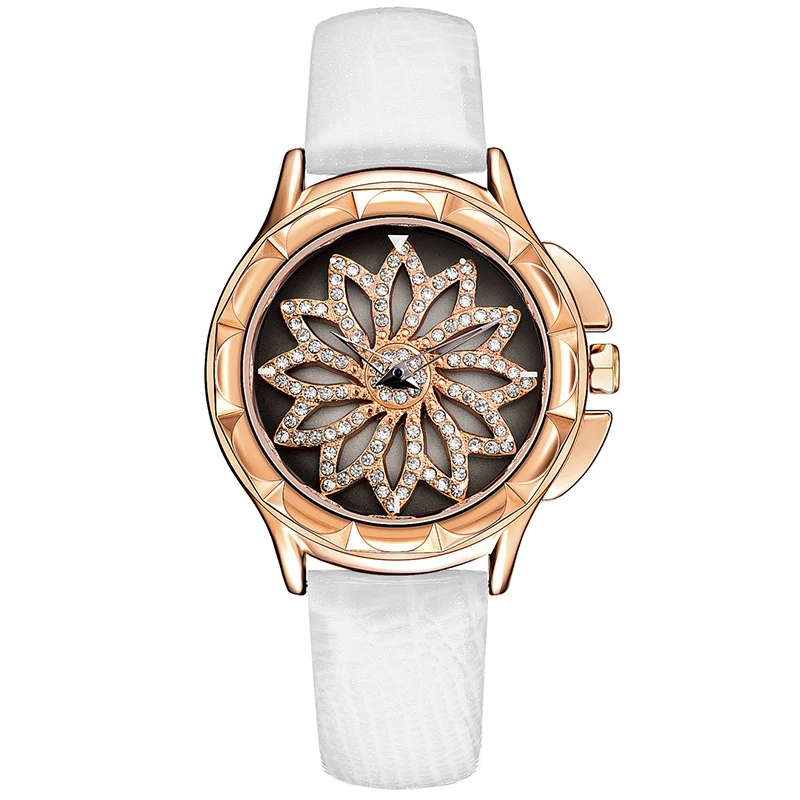 Jewelry Inlay Flower Quartz Girls Women Leather Band Watch Lady Dress Wristwatch