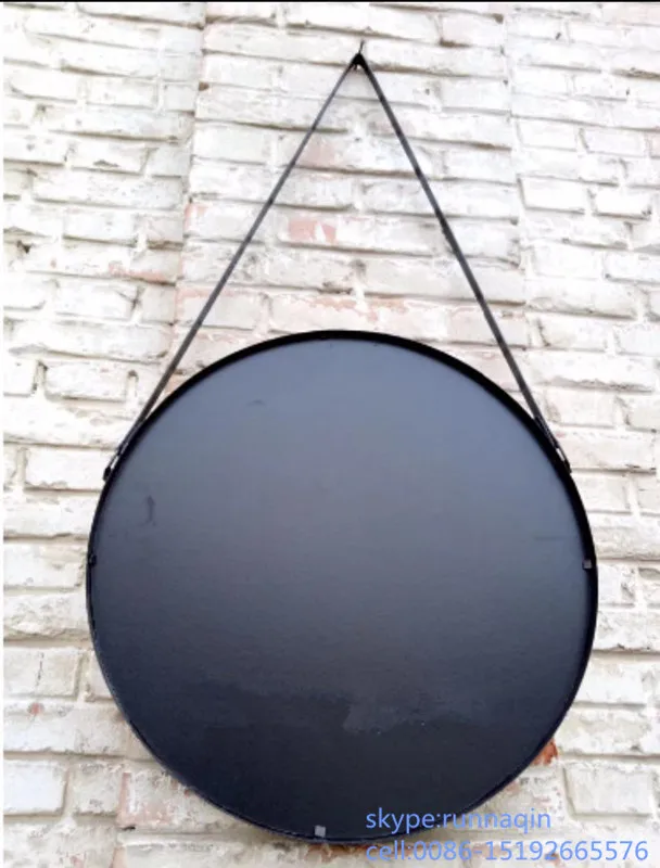 China manufacturer wall decorative mirror with black frame round metal framed mirror with leather strap 50x50 55cmx55cm 60x60cm