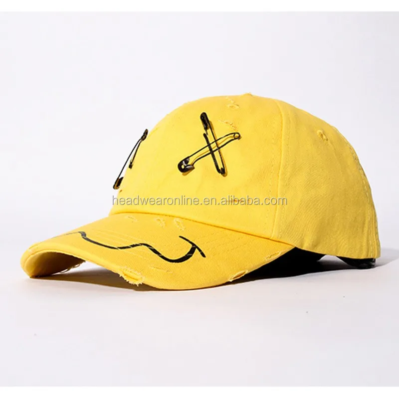 Custom Embroidery Personality Smile Face Distressed Sport Cap Fashion Baseball Cap With Metal Pin for men and women