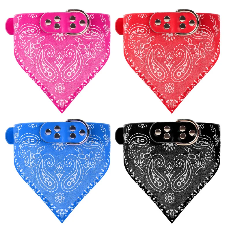 Fashion Printed Adjustable Cats Necktie Cord Pet Triangular Scarf Saliva Pu Leather Dog Bandana Collar
