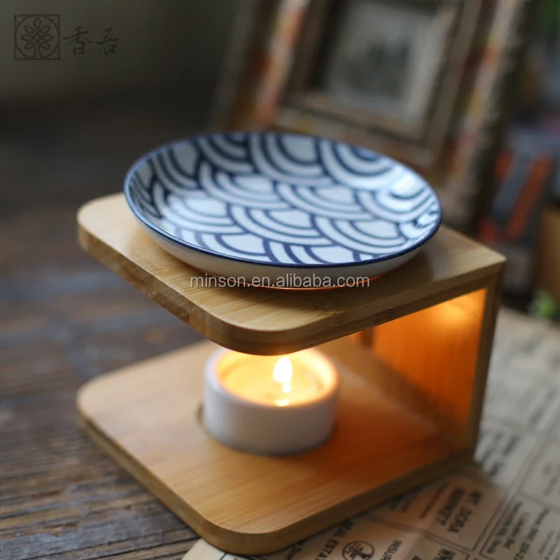 Tart warmer ceramic aromatherapy fragrance waste wax oil burner with wooden frame