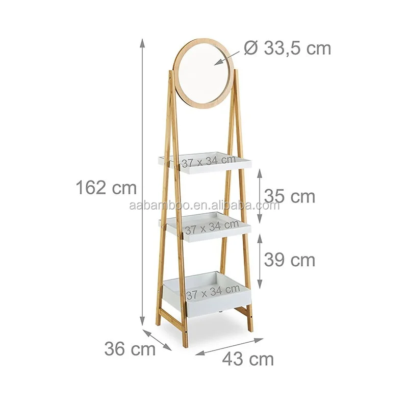 Wooden Bathroom 3 Tiers Ladder Shelf Standing Bamboo Storage Shelf with Mirror