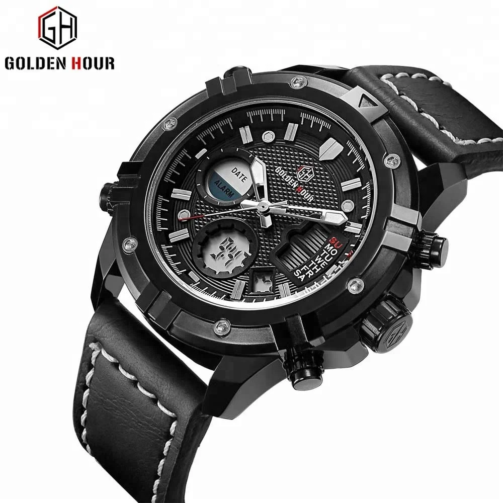 GOLDENHOUR sport watch countdown timer Leather Strap Waterproof Sport Chronograph Military Army watches For Men