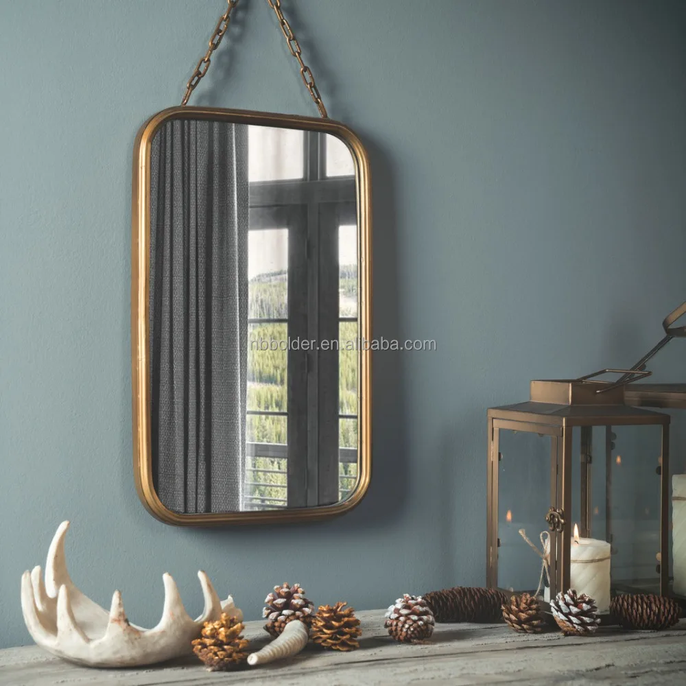Wholesale bathroom living room wall hanging decorative rectangular gold metal frame dressing mirror with chain