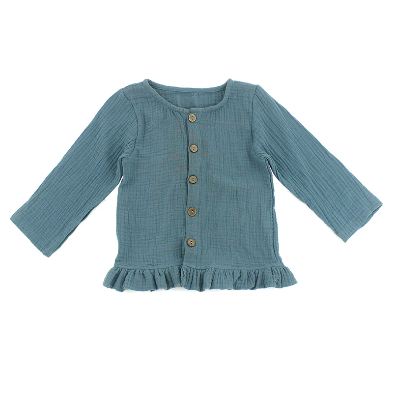 
Free sample Baby frocks designs cotton muslin long sleeve ruffle girl shirts 