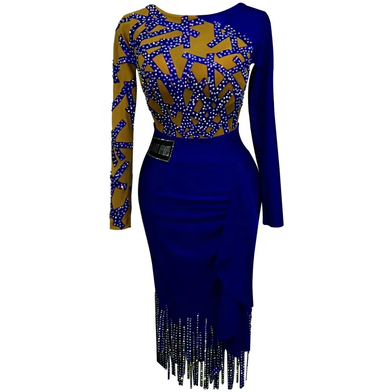 Custom made jewelry blue elegant crystals latin dance dress latin dance costume