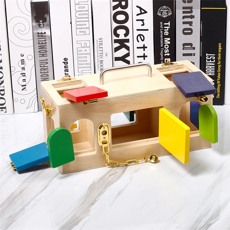 
2019 new wooden toy unlock box 10 kinds of different locks for kids to recognize locks 