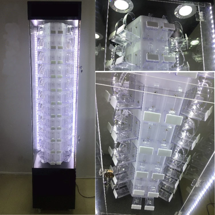 High Quality Large Lockable Clear Acrylic Rotating Watch Display Case With Led Light