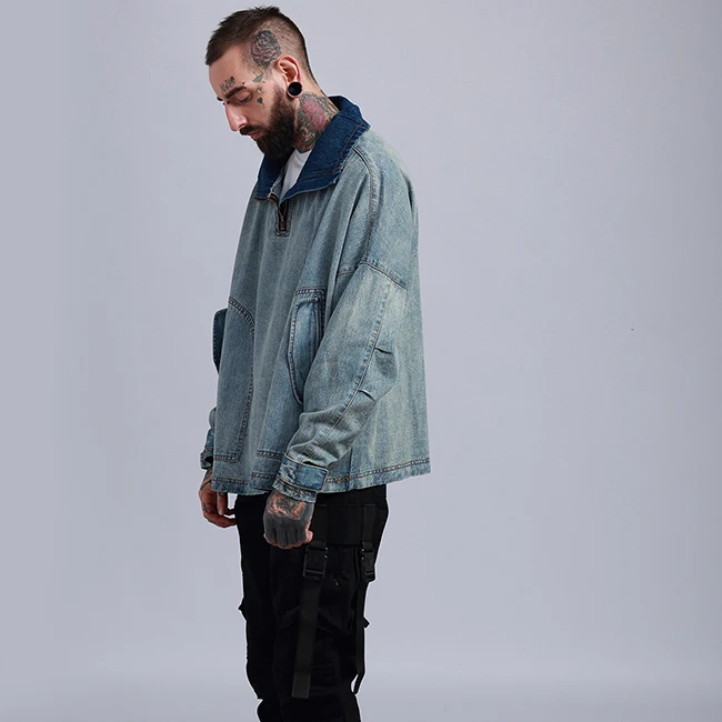 Custom casual high collar loose retro oversize denim jacket for men