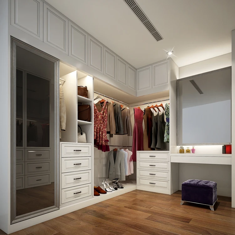 Wall mounted wardrobe design with dressing table and mirror