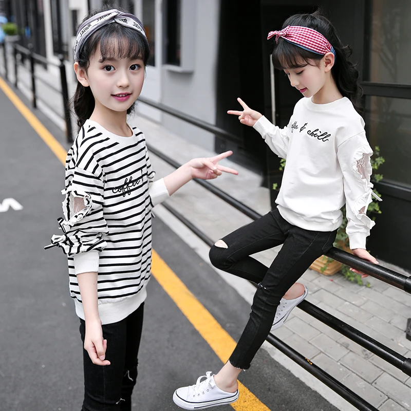 
Cotton Fabric Girls Boutique Long Sleeve T-shirt Embroidered Lace Kids Hoodies 