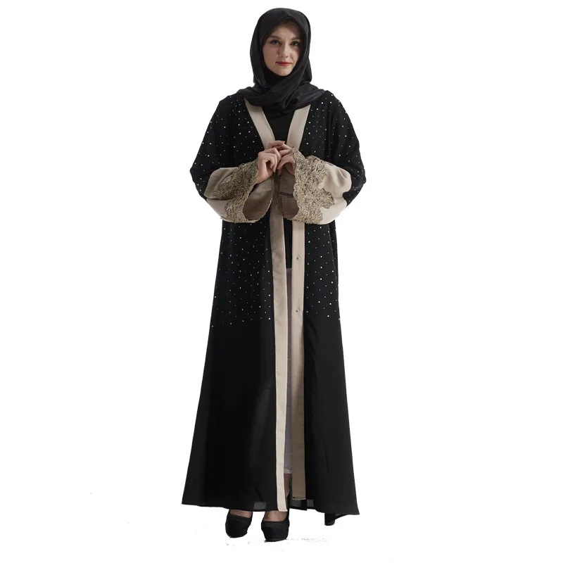 
2017 New model abaya in dubai long sleeve front open black abaya decorated with rhinestone 