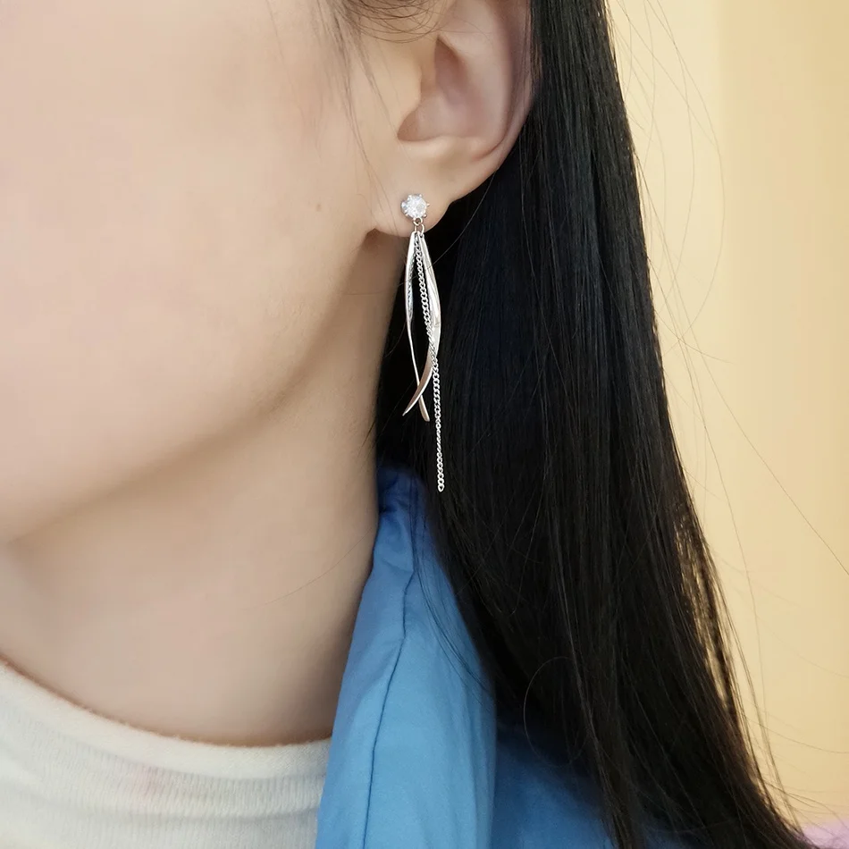 Dainty white gold CZ 925 Sterling silver dangle twisted ribbon drop tassel earrings