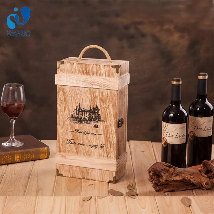 WanuoCraft 2 Bottles Paulownia Handmade Wooden Wine Storage Crate Box Wine Bottle Wood Box