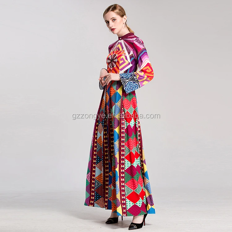 2017 women clothing manufacturer printed wholesale long sleeve maxi dress