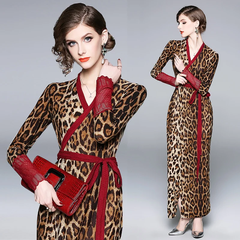 
European and American Women Fashion Red Lace Patchwork Open Stitch Sexy Leopard Maxi Dress 