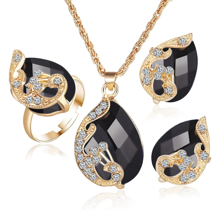 New Model Trendy Gold Tone Teardrop Gemstone Rhinestones Paved Necklace Earrings Ring Costume Jewelry Set