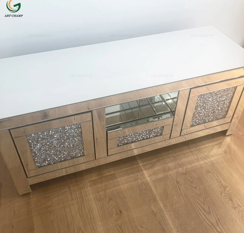 Modern home furniture diamond crush wood silver mirrored glass console table luxury