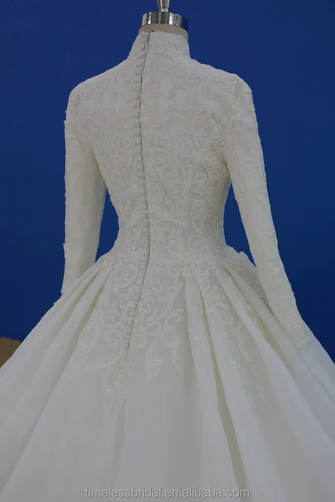 High quality beaded lace appliqued high collar muslim ballgown wedding dress