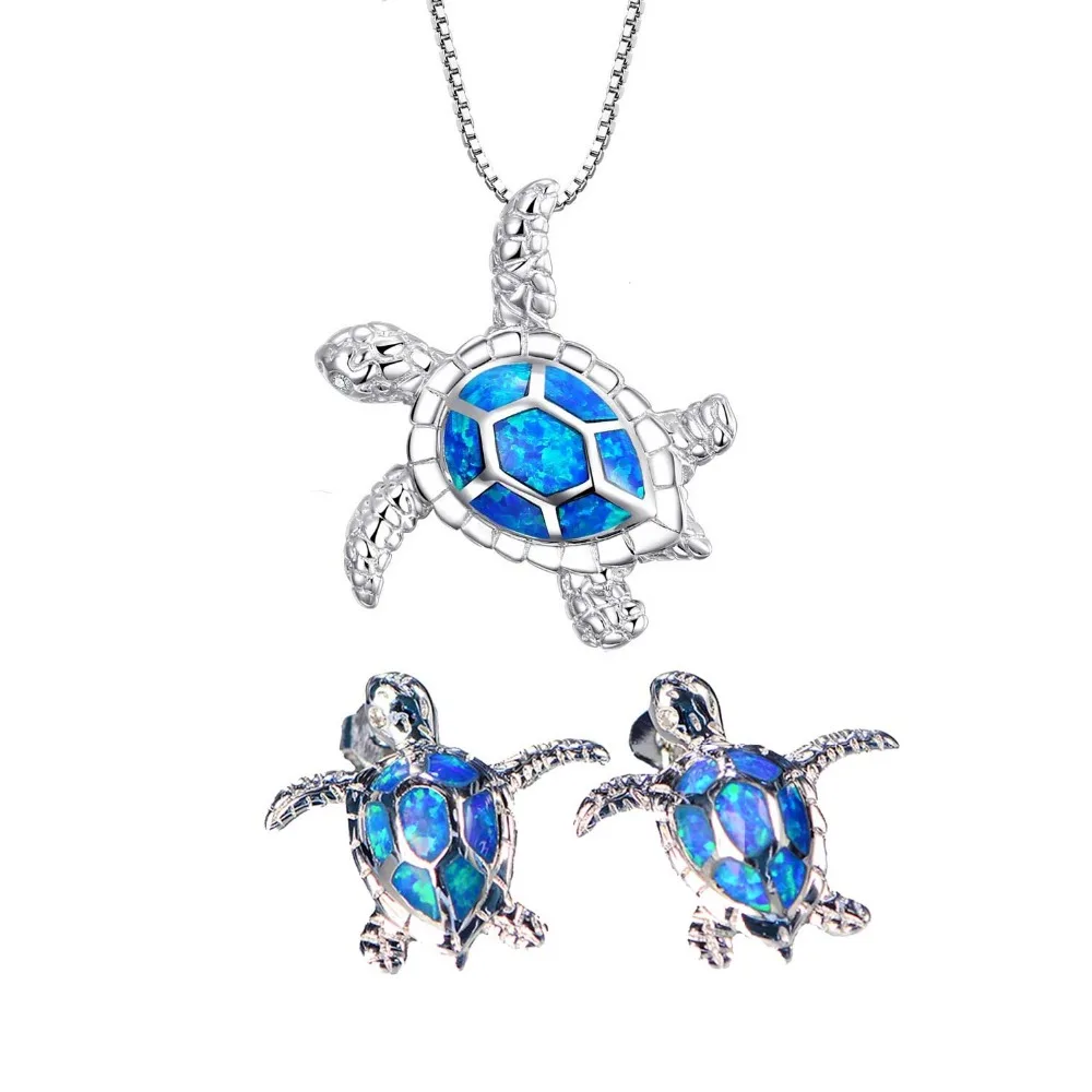 
Australia Blue Fire Opal Sea Turtle Jewelry Sets Stud Earrings Pendant Necklace Birthstone Jewelry Gift 