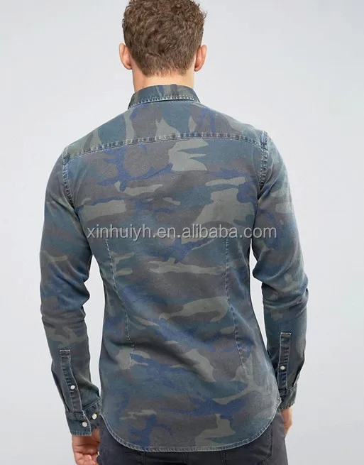 Men Shirt Black Denim Camo Shirt Mens Long Sleeve Denim Shirt OEM Wholesale