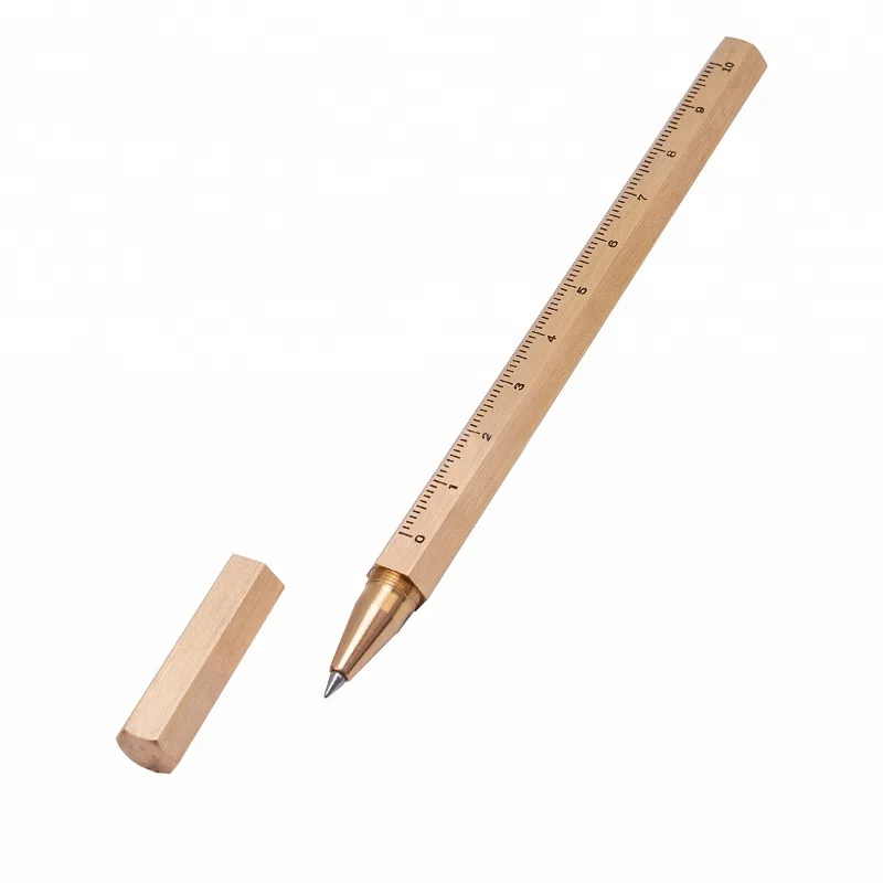 High Quality Brushed Finished Brass Hexagonal Customized Gel Ink Pens With Dividing Rule Engraved