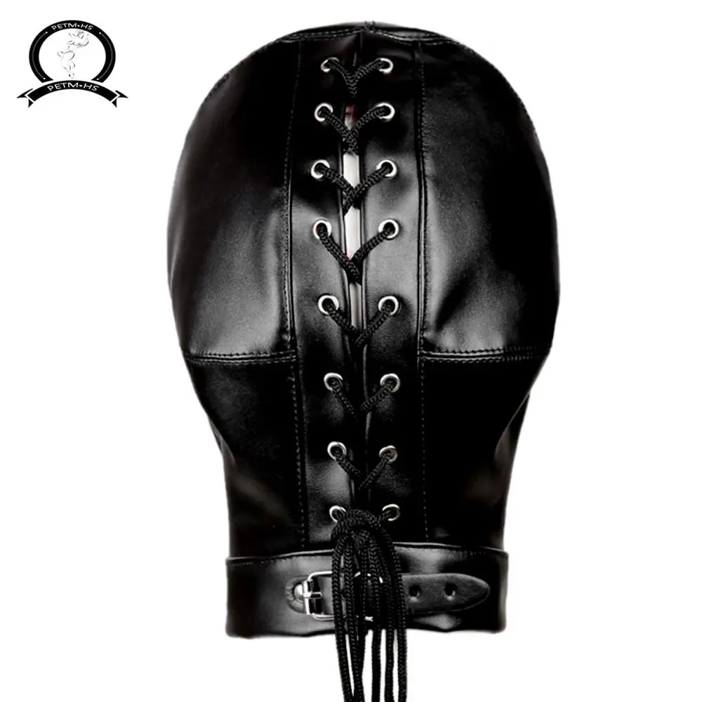 Full Cover Leather Mask Black  Open Eyes Open Mouth Cosplay Costume Hood Unisex Plus Size Underwear