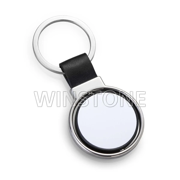 promotion gift customized Spinning Round shapedLeather Strap Blank Rotatable Metal Key ring Holders