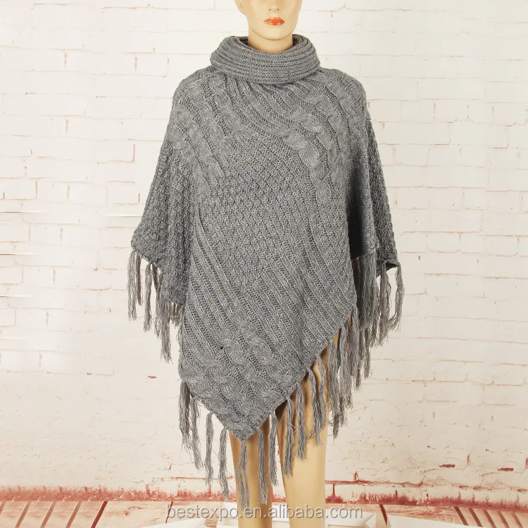
wholesale winter knitted poncho with fringe choker cashmere pullover sweater women wool cloak 