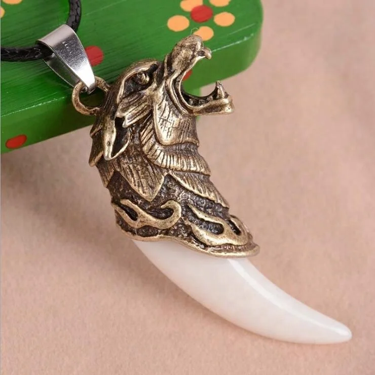 Xus Korean Ivory White Wolf Head elephant tooth pendant necklace jewelry for men